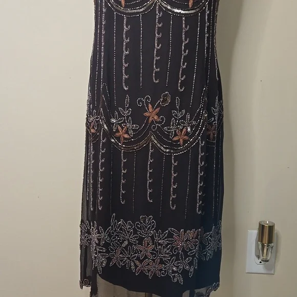 Vintage Papell Boutique Beaded Silk Slip Dress Brown 1920s Gatsby Evening Size 8 - Picture 3 of 10